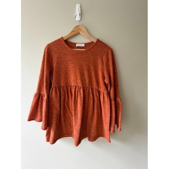 Ces Femme Tops - Boho Fall Ces Femme Babydoll Top L Orange Heathered Bell Sleeve Empire Waist